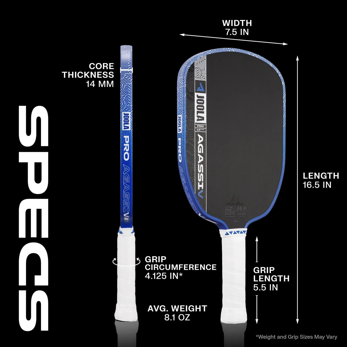 JOOLA Agassi Pro V 14mm specs: weight, shape, core and surface