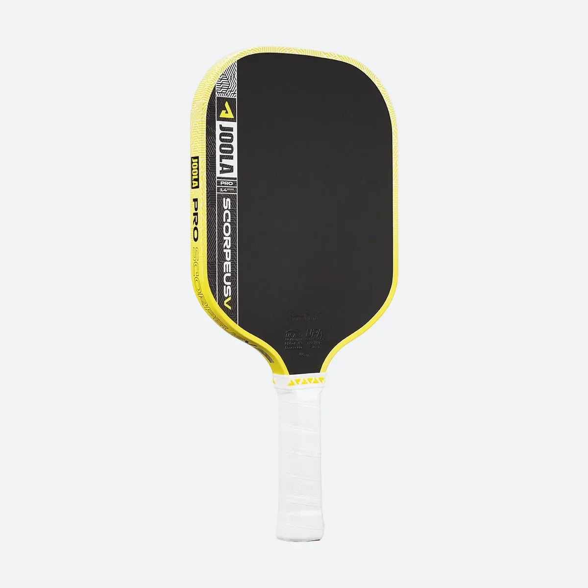 JOOLA Scorpeus Pro V 14mm pickleball paddle, Anna Bright JOOLA Yellow, angled view