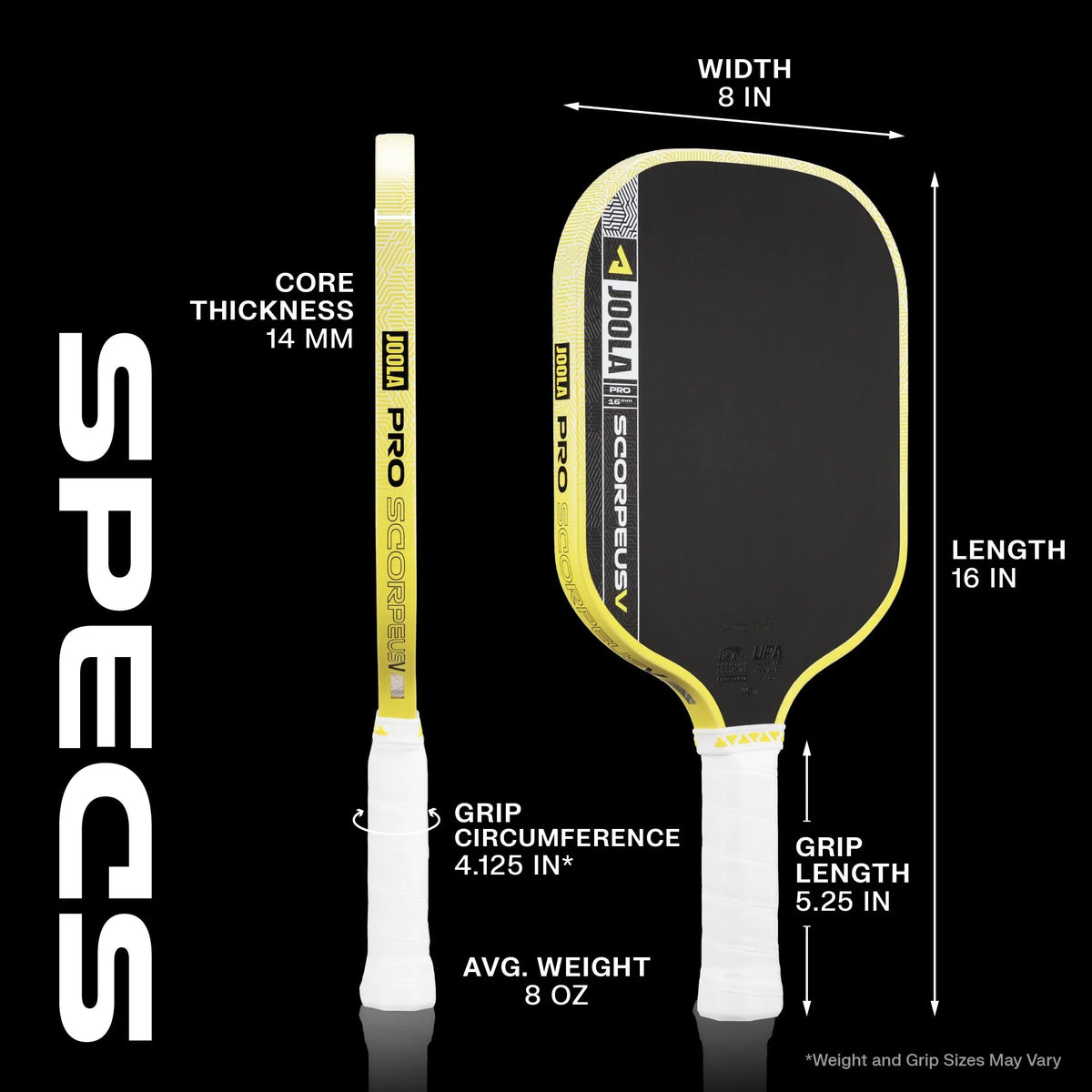 JOOLA Scorpeus Pro V 14mm specs: weight, shape, core and surface
