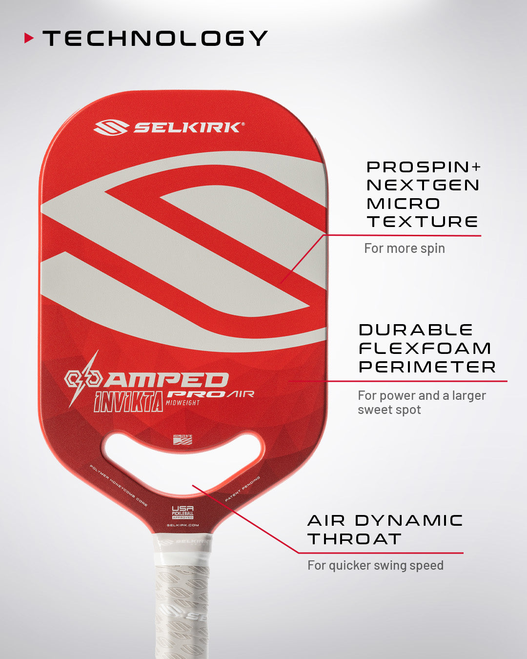 Selkirk AMPED Pro Air technology: FiberFlex+ face, X5+ core, Air Dynamic Throat